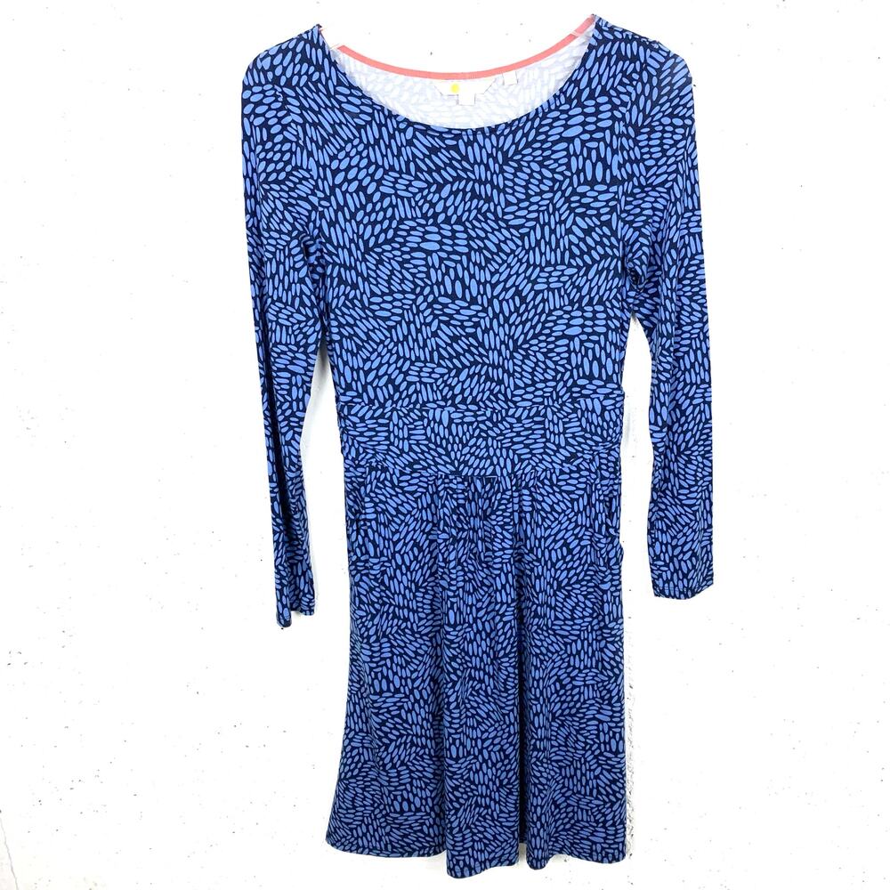 Boden Womens Abigail Jersey Dress Blue Print Long Sleeve Pockets Size 2 Petite
